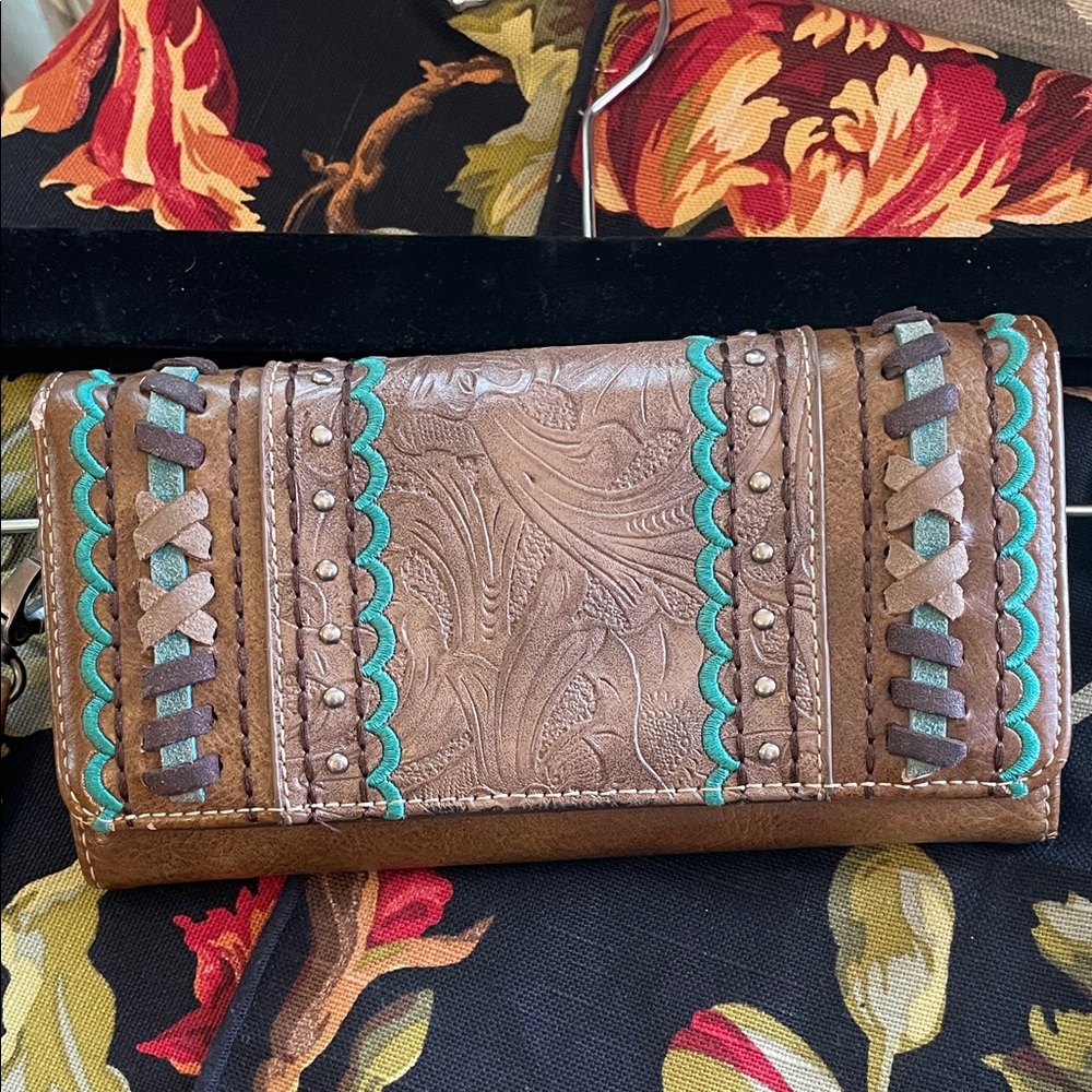 Montana West Brown Wallet with Turquoise Trim and Braided Accents